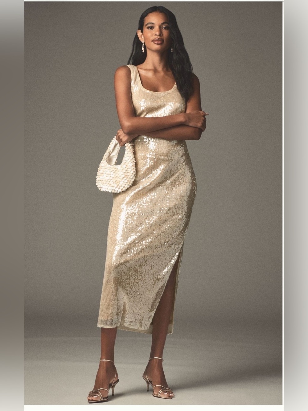 Endless Rose Champagne Sequin Scoop-Neck Midi Dress